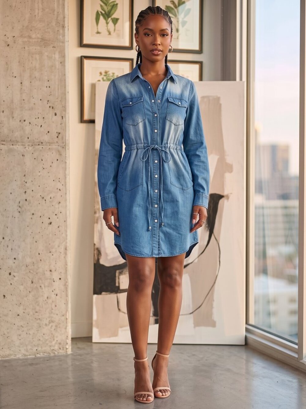 Sundance light wash blue chambray button front drawingstring shirt dress size S